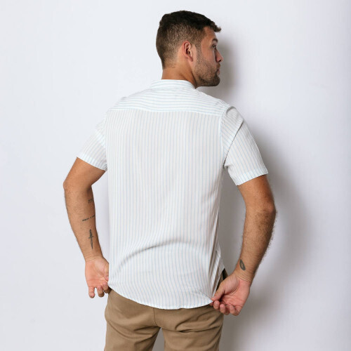 CAMISA LIBERATO BASICS CUELLO MAO BLANCA RAYAS CELESTE