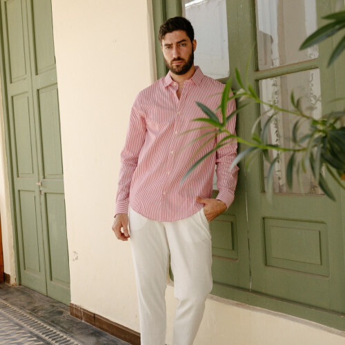 CAMISA LIBERATO BASICS MANGAS LARGAS BLANCA RAYAS ROJAS