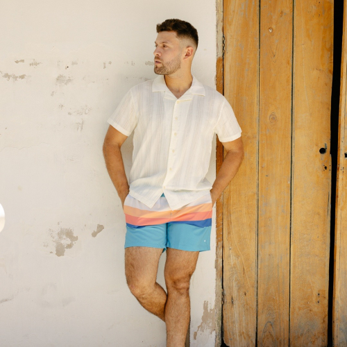 SHORT DE BAÑO LIBERATO BASICS CELESTE RAYAS COLORES